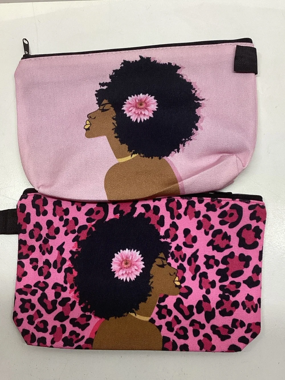 Set of 2 Pink Afro Melanin Queen Cosmetic Makeup Bags